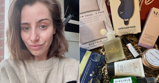 A picture of Charlotte Ross next to a picture of the products inside the OK! Beauty Box sleep box