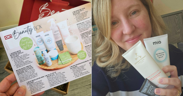A side by side image of the products inside the OK Beauty Box mum and baby version next to Rebecca Roberts holding her favourite products