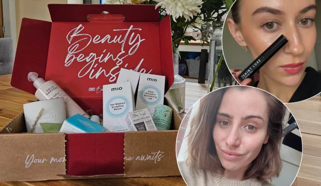 The OK Beauty Box open on a table with circle images of Hannah and Charlotte's faces testing products
