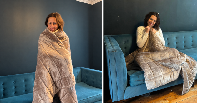 Testing the tan Oodie weighted blanket 4.5kg