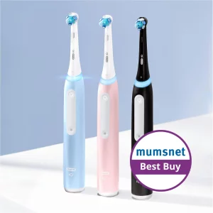 A product image of the Oral-B iO3 Electric Toothbrush with the Mumsnet Best Buy badge
