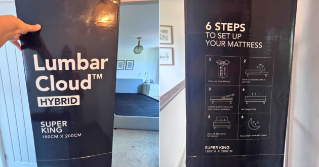 The Origin LumbarCloud Hybrid Mattress in its packaging before unboxing