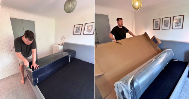 A man opens up the box of the Origin LumbarCloud mattress atop a super king bed