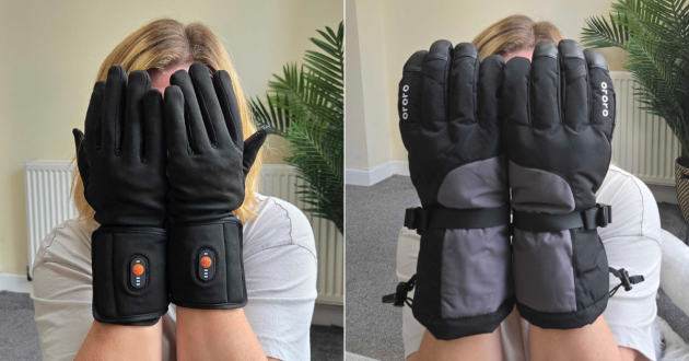Mumsnet tester wearing Ororo heated glove liners and outer shell gloves side by side