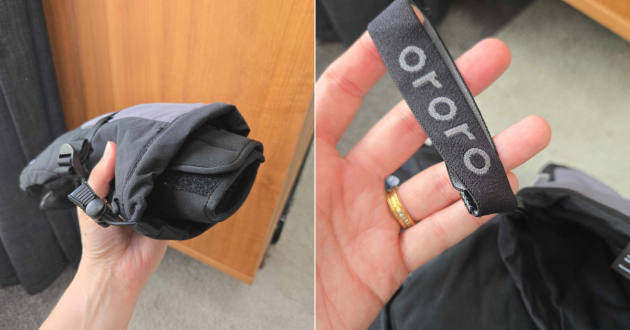 Adjustable cuff and Ororo wrist strap on outer shell glove