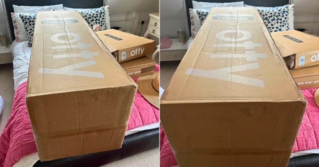 Two pictures showing the Otty Original Hybrid Mattress boxed after delivery for easy lifting