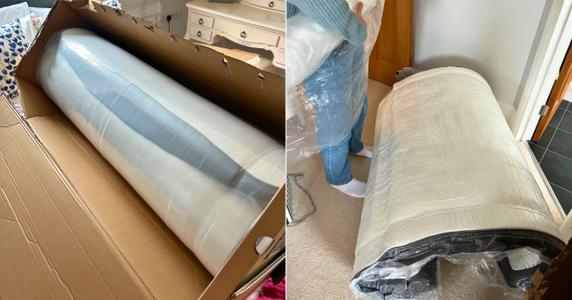 Two pictures showing the unboxing of the Otty Original Hybrid Mattress, in its box and out of the box
