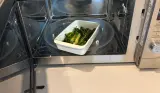 A view of tenderstem broccoli being cooked in the Panasonic 4-in-1 Air Fry Combi Microwave Oven