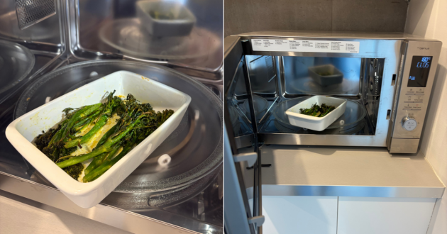 The Panasonic 4-in-1 Air Fry Combi Microwave Oven in use cooking tenderstem broccoli by a tester