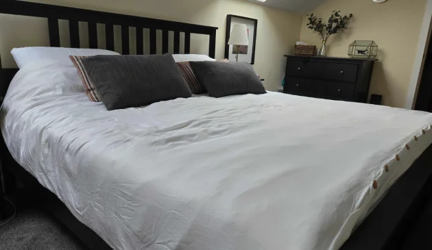 A view of Panda bamboo bedding on Rebecca's bed during testing