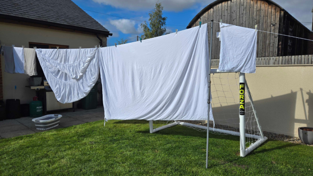 The Panda 100% bamboo bedding set drying outside on the line