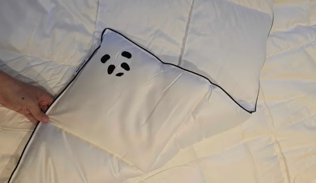 A hand holds the Panda Cloud Bamboo Duvet