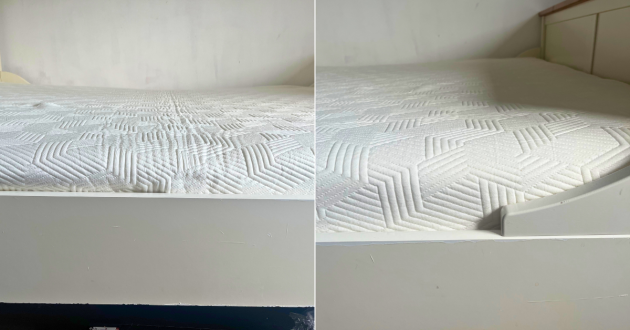 Two close-up views of the white patterned bamboo cover and edge of the Panda Hybrid Bamboo Mattress Pro
