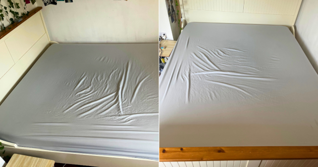 Two overhead views of the Panda Hybrid Bamboo Mattress Pro dressed with a plain grey fitted sheet