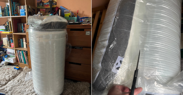 Two photos showing the rolled Panda mattress in plastic and the outer wrapping being cut open with scissors