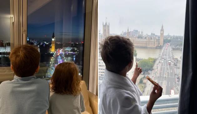 Three children looking out the window at London's Big Ben
