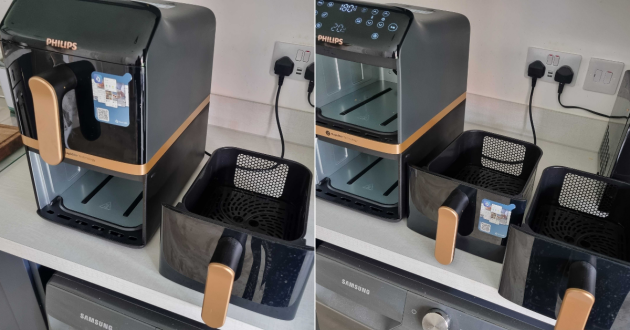 The drawers of the Philips 4000 Series NA462/79 Stacked Dual Basket Air Fryer taken out