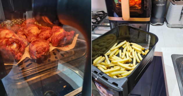 The Philips 4000 Series NA462/79 Stacked Dual Basket Air Fryer  cooking chicken and chips