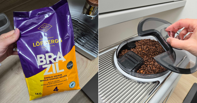 Close up of Lofbergs coffee beans and beans in the Philips Café Aromis Series 8000 hopper