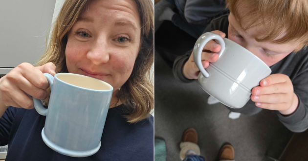 Mumsnet editor Rebecca and a child drink out of mugs containing drinks made by the Philips Café Aromis Series 8000