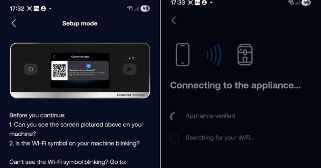 Screenshots of the HomeID app for the Philips Café Aromis Series 8000