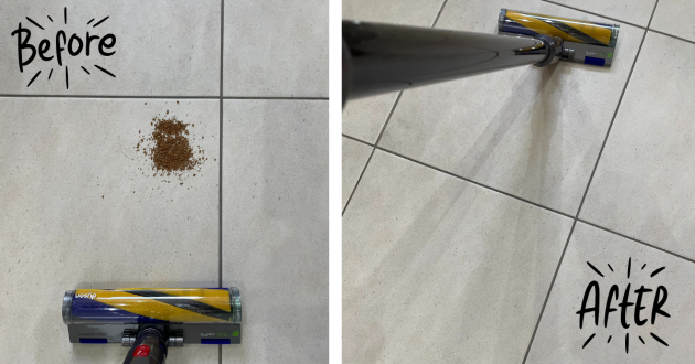 Dyson V15s Submarine vacuuming up coffee granules, before and after