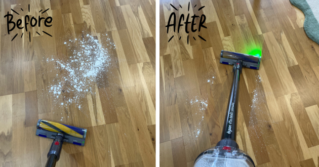 Dyson V15s Detect Submarine vacuuming up flour, before and after