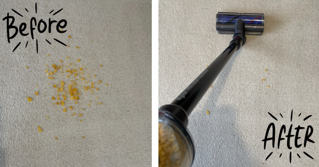 Dyson V15s Detect Submarine tackling corn flakes, before and after picture