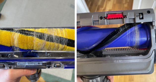 Dyson V15s Detect Submarine™ Wet and Dry Vacuum Cleaner hair tangled in brush heads