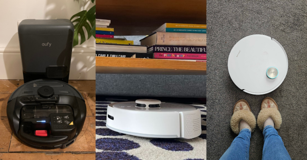 Photos of the best robot vacuum cleaners in testing, including eufy, Switchbot, and Dreame