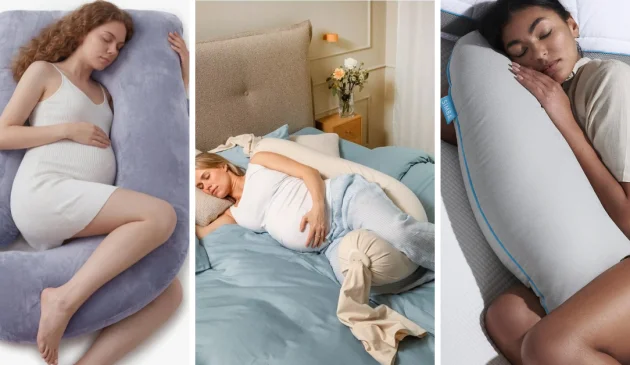 Best pregnancy pillows hero image featuring Momcozy pregnancy pillow, bbhugme pillow and Simba cooling pillow