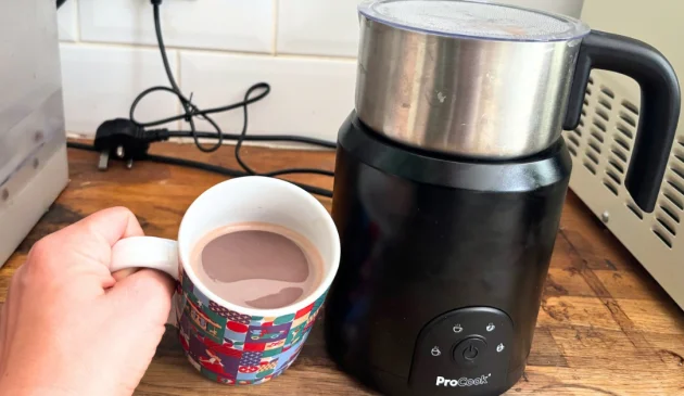 ProCook hot chocolate maker and mug of hot chocolate
