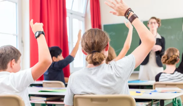 School children raising hands in class