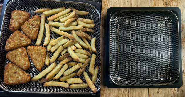 Chips and hash browns cooking in the Salter DuoWave Air Fryer Combination Microwave