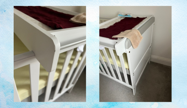 Tutti Bambini Rio Cot Bed review images showing close up of cot bed and change topper