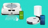 Two white robot mops, an iRobot and Deebot, on a turquoise background with diagonal stripes