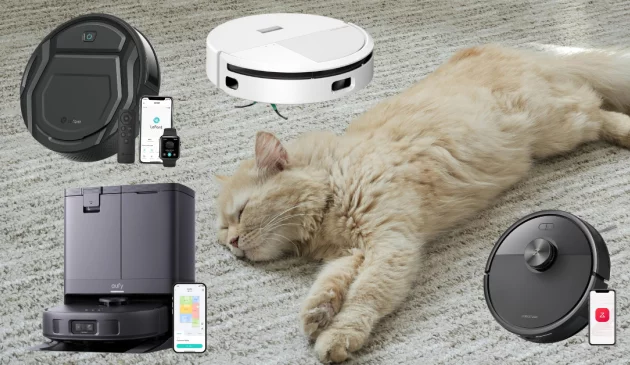 Cat with a selection of the best robot vacuums for pet hair