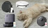 Cat with a selection of the best robot vacuums for pet hair