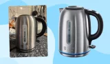 Composite image of the Russell Hobbs Buckingham Quiet Boil Kettle in a real life kitchen, and the product imagery