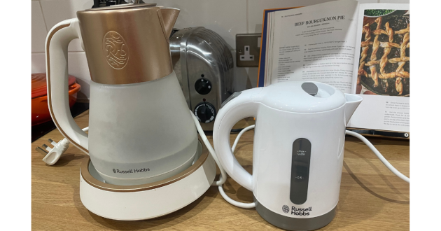 Russell Hobbs Travel Kettle next to the Russell Hobbs Calm Kettle
