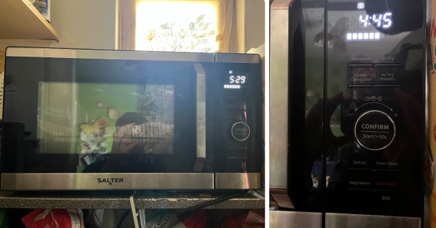 Salter DuoWave Air Fryer Microwave in use and close up of the control panel