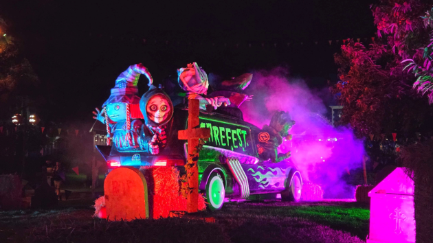 The Alton Towers Scarefest hearse all lit up