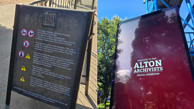 The guidance and welcome sign to Final Exhibit at Alton Towers Scarefest