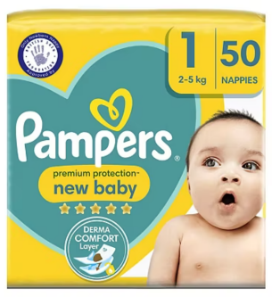 Pampers New Baby Size 1, 50 Newborn Nappies, 2kg-5kg, Essential Pack