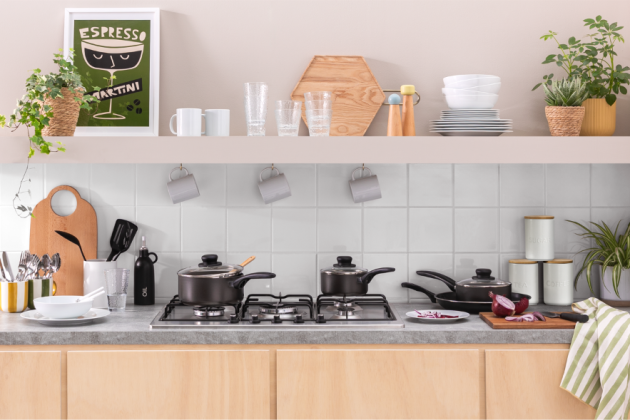 A university dorm kitchen filled with Argos products
