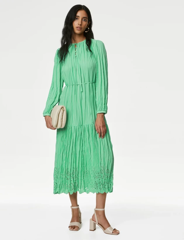 Embroidered Tie Neck Midaxi Tiered Dress