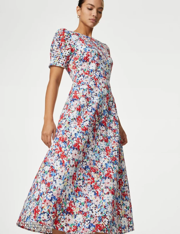 Pure Cotton Floral Cutwork Detail Midi Tea Dress,