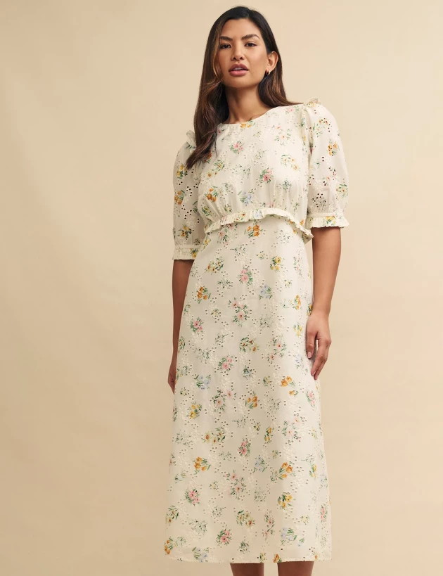 Nobody’s Child Pure Cotton Floral Round Neck Midi Tea Dress,