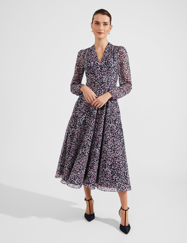 Hobbs Polka Dot V-Neck Pintuck Midi Dress