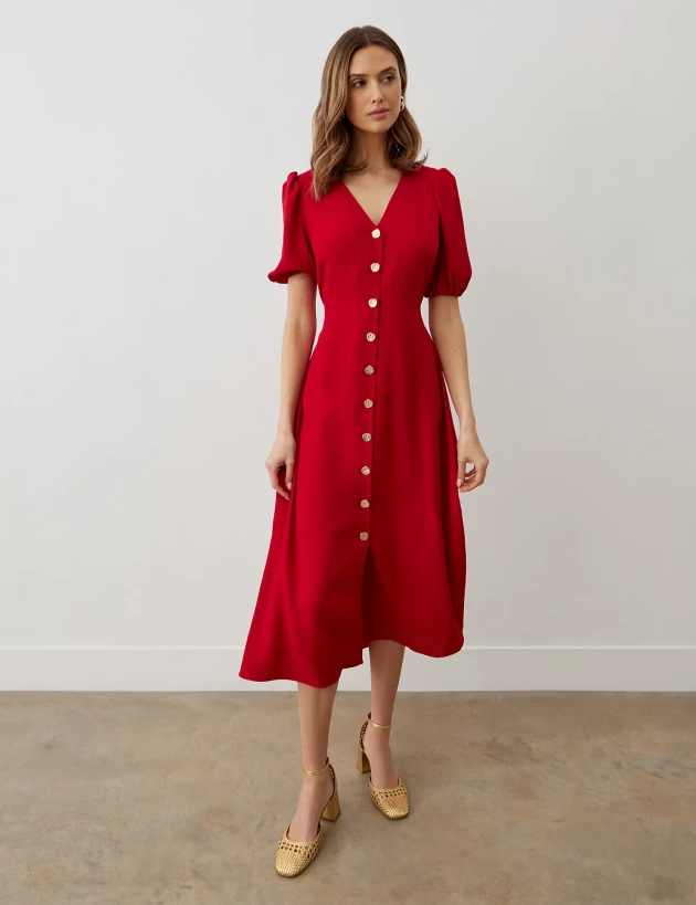 Finery London V-Neck Button Through Midi Tea Dress